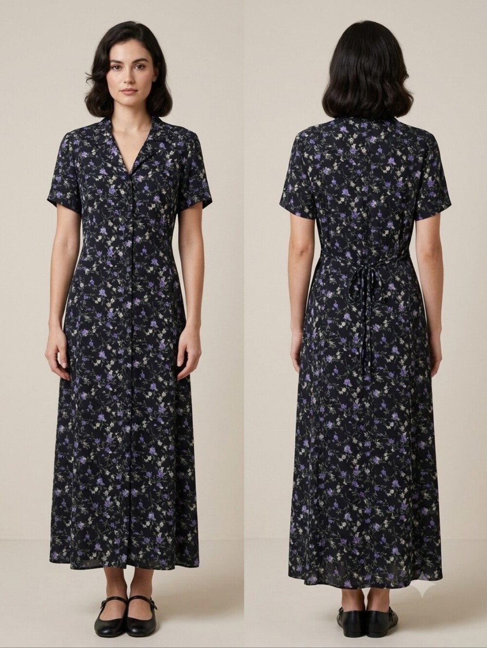 Vintage Tall Girl Black Lavender Floral XL Maxi Dress Grunge Boho Cottagecore